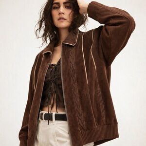 R.O.C Vintage Suede Leather Sweater Bomber Jacket Coat Brown Western XL